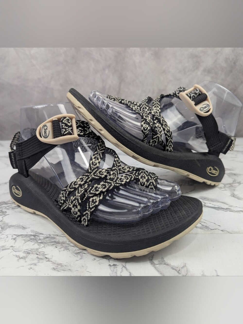 Chaco ZX/2 Cloud Sandal Women's Size 7 Double Strap Toe Loop Geometric Tan Black